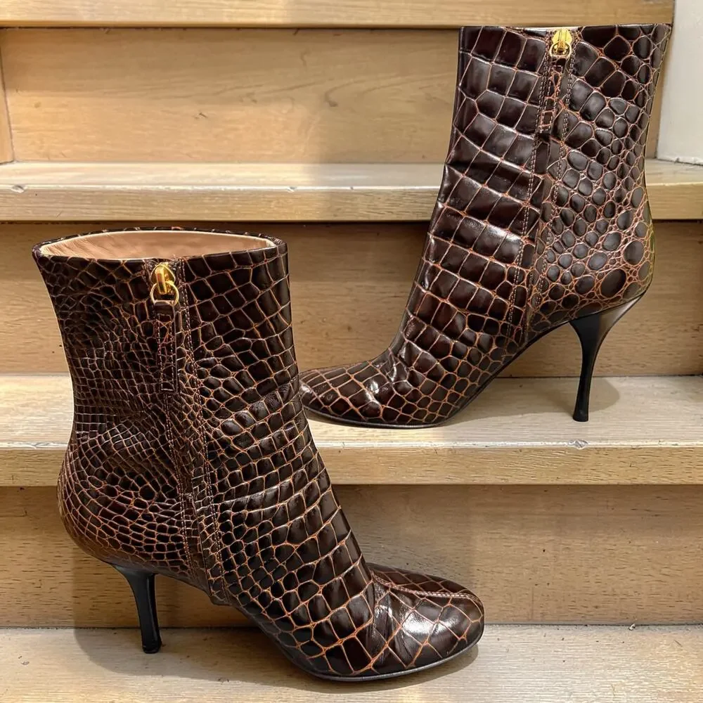 Giuseppe‎ Zanotti Croc Embossed Leather Bootie Boots Brown Italian Size 39 Heel